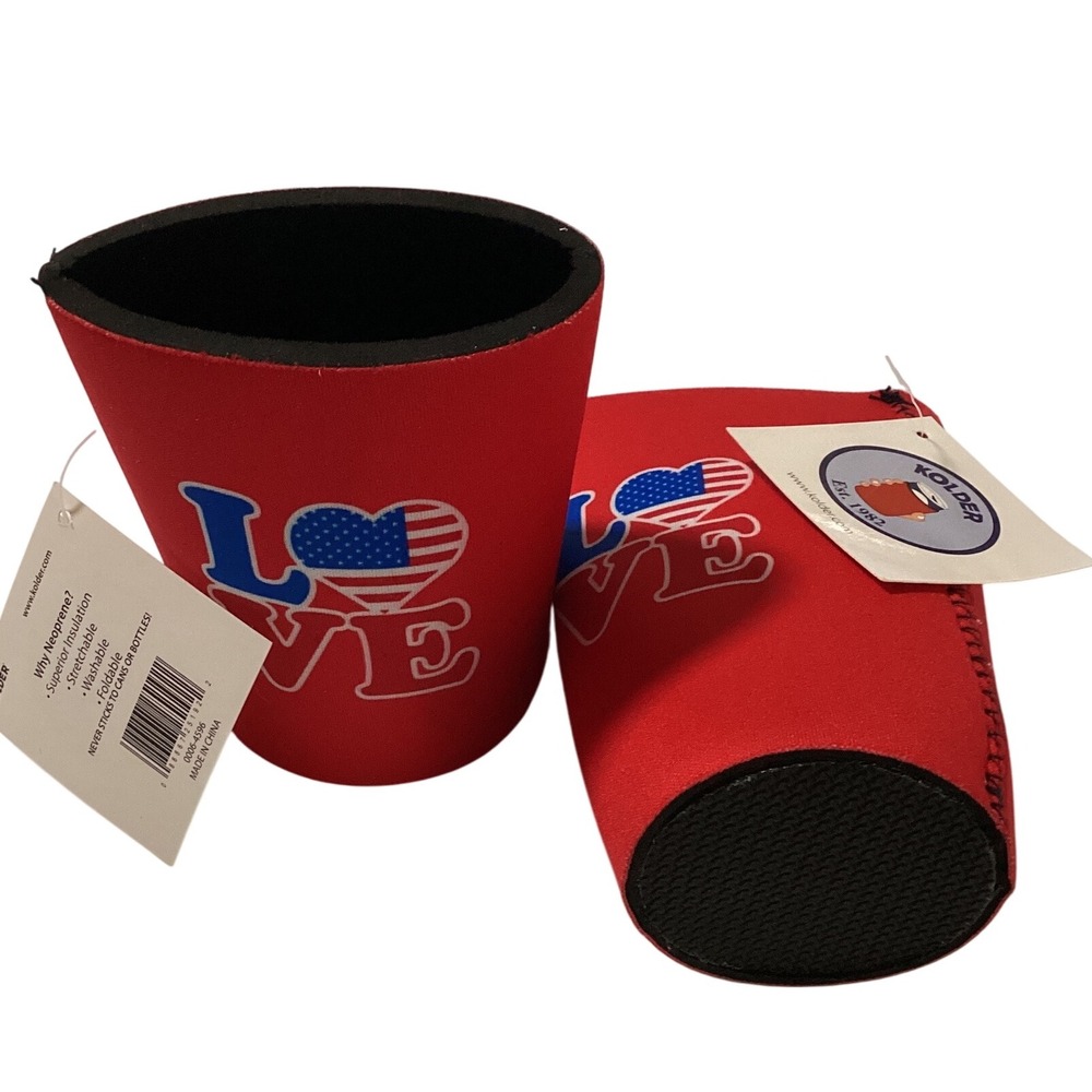 2-Kolder Patriotic LOVE USA Flag‎ Drink Coozie Neoprene Can Cooler Sleeves Set